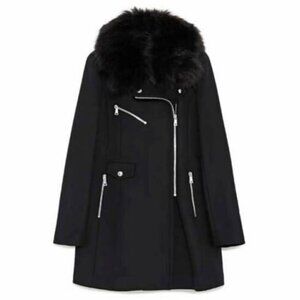 Zara Wool Blend Moto Double Zip Coat Jacket Black Size XS